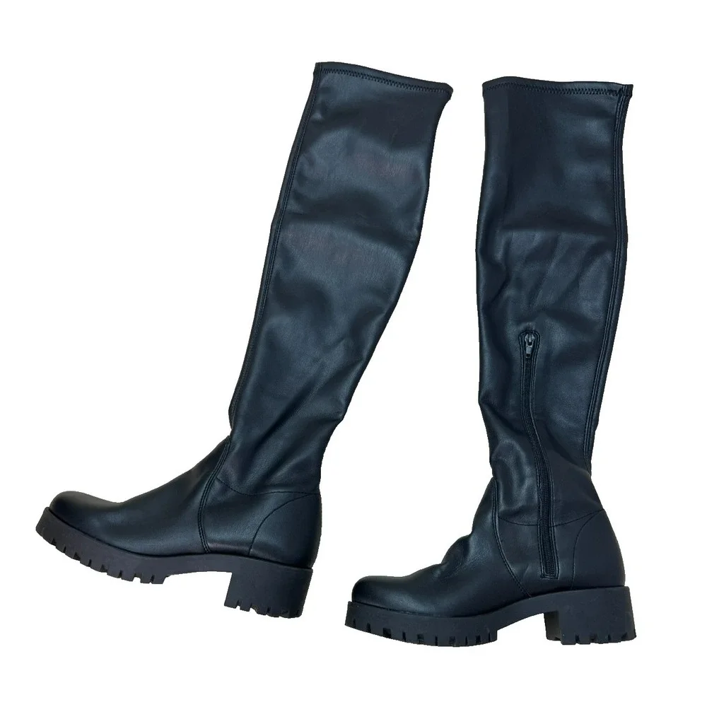 Mercante di Fiori Tall Black Boot Lug Sole Ankle Zip‎ Light Stretch Calf, 38/7.5